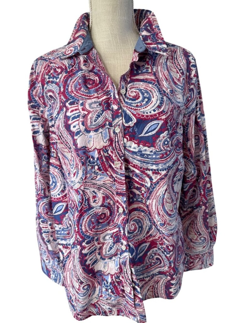 Charter Club Paisley Button-Down Shirt Size 14 Womens Red & Blue Long Sleeve Top
